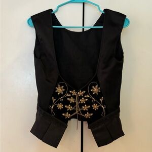 Black Embroidered Vest with Gold Floral Design